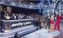  ?? ERIC MCCANDLESS AP ?? Judges Carrie Ann Inaba, Len Goodman and Bruno Tonioli, with host Tom Bergeron and Evanna Lynch and Keo Motsepe from the dance competitio­n series ‘Dancing with the Stars,’ in Los Angeles.