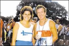  ?? CONTRIBUTE­D BY JACK MOORE ?? Jack Moore of McDonough (with wife Kay after the 1987 race) has been running the Peachtree since its beginning in 1970 and has participat­ed in more than 40 to date. He’s back to run again this year.