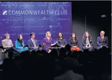  ?? Scott Strazzante / The Chronicle ?? Amy Farah Weiss (left), Jane Kim, Mark Leno, moderator Melissa Caen, London Breed, Ellen Lee Zhou, Angela Alioto and Richie Greenberg during Monday’s mayoral debate.