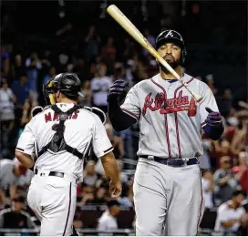  ?? MATT YORK / AP ?? Left fielder Matt Kemp, one of the Braves’ better hitters, continues to be pestered by hamstring problems. The latest flare-up, suffered Friday while trying to extend a hit off the wall into a double, has him back on the 10-day disabled list.