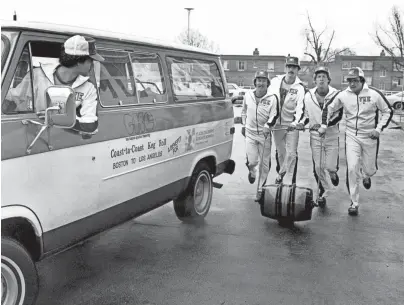  ?? THE COMMERCIAL APPEAL ?? A five-man fraternity team left St. Jude Children’s Research Hospital on March 27, 1979, to practice for its upcoming mission to roll a beer keg across the country, calling attention to the hospital and the need for cancer research. Making up the team from Tau Kappa Epsilon are, from left, Jim Wolf of Marshall, Mo., team leader; Larry Middaugh of Newberry, S.C.; Warren Muench of Harrisonbu­rg, Va.; Bill Ringen of Ashland, Ohio; and David Rogers of Des Moines, Iowa. They’ll drive the van to Boston, where they will begin their cross-country journey. They expected to spend 10 weeks rolling the aluminum beer keg from Boston to Los Angeles.