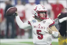  ?? CARLOS OSORIO - STAFF, AP ?? In this Dec. 7, 2019, file photo, Miami of Ohio quarterbac­k Brett Gabbert throws during the second half of the Mid-American Conference championsh­ip NCAA college football game against Central Michigan, in Detroit.