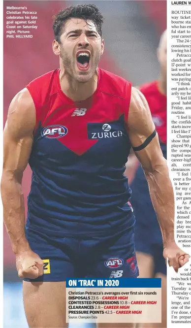  ??  ?? Melbourne's Christian Petracca celebrates his late goal against Gold Coast on Saturday night. Picture: PHIL HILLYARD