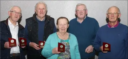  ??  ?? Runners up in the shield final, Barrowside Club members Sam Brickley, John Halpin, Claire Delaney, county chairman Paddy Breen and John Foley.