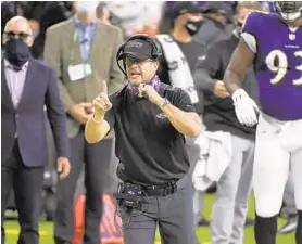  ?? ERIC CHRISTIAN SMITH/AP ?? Ravens coach John Harbaugh reacts on the sideline during the first half of a game against the Texans on Sunday in Houston.
