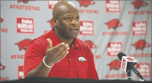  ?? NWA Democrat-Gazette/J.T. WAMPLER ?? Arkansas head coach Mike Anderson speaks Oct. 2 during a news conference at Bud Walton Arena in Fayettevil­le.