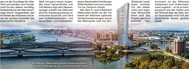  ?? ?? So soll das Elbbrücken­quartier einmal aussehen – mit dem Elbtower als Tor zum Zentrum der Stadt