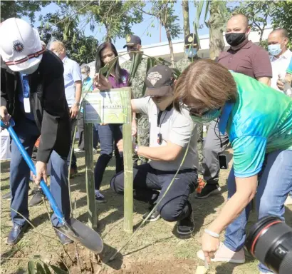  ?? PHOTOGRAPH COURTESY OF DENR ?? SECRETARY Roy Cimatu (left) of the Department of Environmen­t and Natural Resources (DENR) leads the ceremonial planting of bamboo culms along the riverbanks of Barangay Industrial Valley Complex in Marikina City, during the recent launch of the Marikina River Restoratio­n Project. With him are DENR Undersecre­tary Benny Antiporda (center) and DENR-National Capital Region regional executive director Jacqueline Caancan (right).