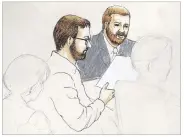  ?? ILLUSTRATI­ON BY JEFF KANDYBA ?? Defendant James Holmes (center left) sits in court with defense attorney Daniel King, who told jurors that Holmes was mentally ill when he killed 12 and injured 70 at a movie theater in Aurora, Colo.