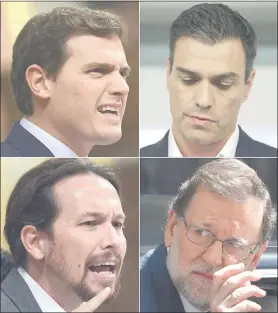  ??  ?? Albert Rivera, de Ciudadanos (arriba, 1º de la izq.); Pedro Sánchez, de PSOE; Pablo Iglesias, Podemos; y el jefe del Gobierno, Mariano Rajoy.