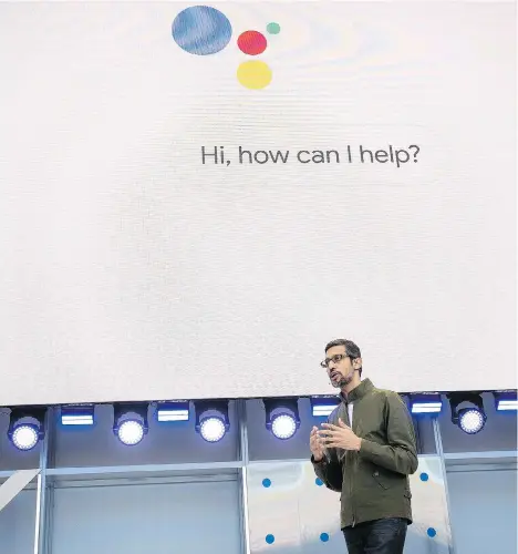  ?? DAVID PAUL MORRIS/BLOOMBERG ?? Google CEO Sundar Pichai speaks during the Google I/O conference in Mountain View, Calif., on Tuesday. The tech giant previewed Duplex, an experiment­al service that lets its voice-based digital assistant book appointmen­ts on its own, which got a mixed...