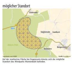  ??  ?? Auf der markierten Fläche bei Engenreute könnte sich der mögliche Standort des Windparks Wannenbühl befinden.