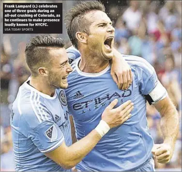  ??  ?? Frank Lampard (r.) celebrates one of three goals during an all-out crushing of Colorado, as he continues to make presence loudly known for NYCFC.