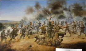  ?? ?? ■ The battle at Pagoda Hill depicting George Cairns during his Victoria Cross action and seen in this painting by David Rowlands. (Somerset Military Museum)