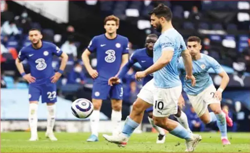  ??  ?? Sergio Aguero (in front) flunked the Panenka-styled panelty against Chelsea last night. Now, Man City will have to wait longer before being crowned champions of the English Premier League