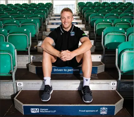  ??  ?? Glasgow Warriors’ Kyle Steyn helps launch a sponsorshi­p renewal with law firm, Harper Macleod