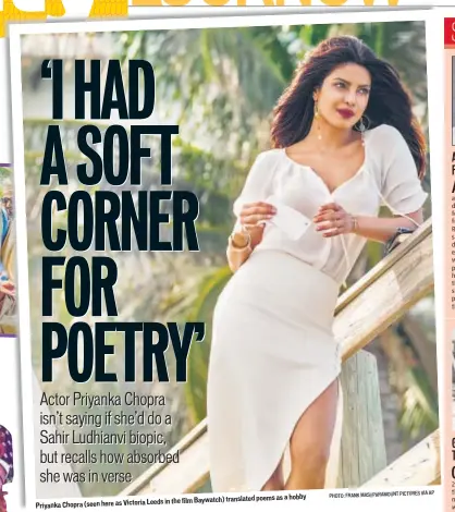  ?? VIA AP PHOTO: FRANKMASI/PARAMOUNT PICTURES ?? poems as a hobby Leeds in the film Baywatch) translated Priyanka Chopra (seen here as Victoria