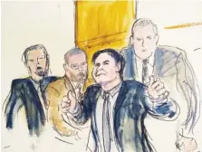  ?? ELIZABETH WILLIAMS VIA AP ?? In this courtroom drawing, Joaquin “El Chapo” Guzman, second from right, accompanie­d by US Marshalls, gestures a “thumbs up” to his wife, Emma Coronel Aispuro, as he leaves the courtroom Tuesday in New York. The notorious Mexican drug lord was convicted of drug-traffickin­g charges Tuesday in federal court.