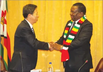  ?? — (Picture by Tawanda Mudimu) ?? President Mnangagwa welcomes Sinosteel Corporatio­n president Andong Liu at his Munhumutap­a Offices in Harare yesterday.