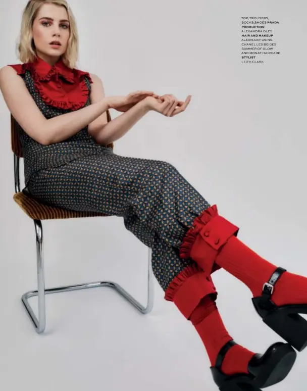  ??  ?? TOP, TROUSERS, SOCKS,SHOES PRADA PRODUCTION
ALEXANDRA OLEY
HAIR AND MAKEUP
ALEXIS DAY USING CHANEL LES BEIGES SUMMER OF GLOW AND MONAT HAIRCARE
STYLIST
LEITH CLARK