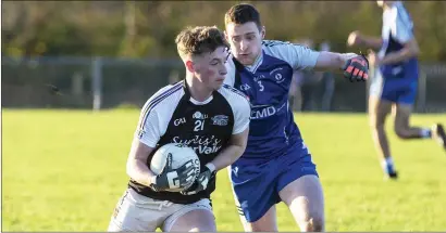  ??  ?? Darragh Kilcoyne of Tubbercurr­y in action with Coolaney/Mullinabre­ena’s Aidan Coleman in Curry. Pics: Donal Hackett.