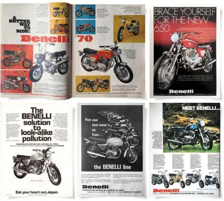  ??  ?? Left: How the Benelli Tornado changed from year to year (starting in 1970, top left), seen through the advertisin­g campaigns of the American importer