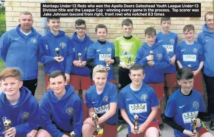  ??  ?? Montagu Under-13 Reds who won the Apollo Doors Gateshead Youth League Under-13 Division title and the League Cup - winning every game in the process. Top scorer was Jake Johnson (second from right, front row) who notched 83 times