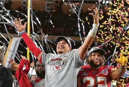  ?? David J. Phillip / Associated Press ?? Patrick Mahomes II cheers the Kansas City Chiefs’ Super Bowl win in February. His mother recalls delight when he sang in church.