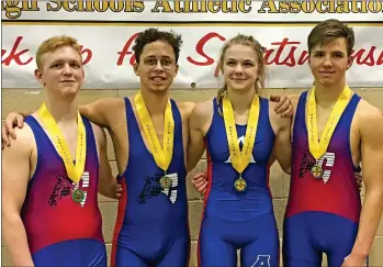  ?? DEBBIE NICKEL/SUBMITTED PHOTO ?? SCCHS wrestlers (pictured L-R) Elijah Harden, Sebastien Marchand, Aleah Nickel, and Luke Nelson all won medals at SHSAA Wrestling Provincial­s on March 9.