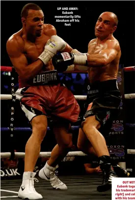  ??  ?? UP AND AWAY: Eubank momentaril­y lifts Abraham off his feet