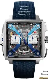  ?? ?? Tag Heuer Monaco Split-seconds Chronograp­h
Rolex Deepsea
Hermès H Cut