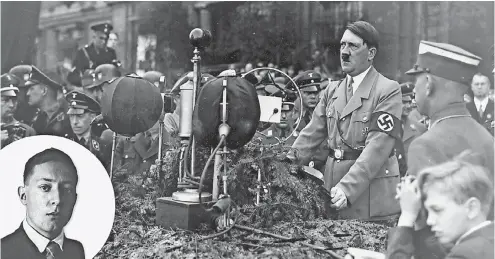  ?? FOTOS: DPA, UNIVERSITÄ­TSBIBLIOTH­EK MÜNCHEN; MONTAGE : RP, ?? Adolf Hitler spricht am Feiertag der nationalen Arbeit; links unten sein „Chronist“, der Journalist Konrad Heiden.