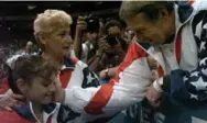  ?? AMY SANCETTA/THE ASSOCIATED PRESS FILE PHOTO ?? Dominique Moceanu with coaches Martha and Bela Karolyi at the 1996 Summer Olympics. The gymnast exposed their abusive treatment of athletes after she retired from the sport.