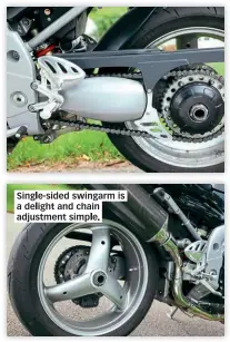  ??  ?? Single-sided swingarm is a delight and chain adjustment simple.