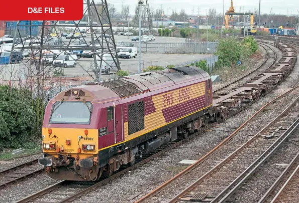  ??  ?? Container trains run completely empty from time to time, as was the case when Class 67 No. 67002 Special Delivery emerged from Southampto­n Western Docks with a rake of
FCAs on April 2, 2008. FCAs are intermodal wagons built for EWS during 2001 by Thrall Europa at its York site.