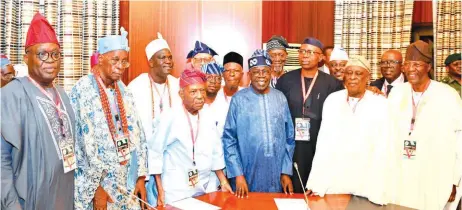  ?? ?? General Secretary, Afenifere, Kola Omololu ( left); Oba of Ilu Abo in Ondo State, Olu Falae; leader of delegation, Reuben Frasoranti; President Bola Tinubu; former governor of Ondo State, Segun Mimiko; erstwhile governor of Ogun State, Olusegun Osoba; ex- governor of Ogun State, Gbenga Daniel and other Afenifere members during a visit to the Presidenti­al Villa in Abuja… yesterday.