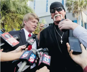  ?? DIRK SHADD/THE TAMPA BAY TIMES VIA THE ASSOCIATED PRESS ?? Hulk Hogan, whose given name is Terry Bollea, speaks to the media in St. Petersburg, Fla. after his courtroom victory against Gawker Media.