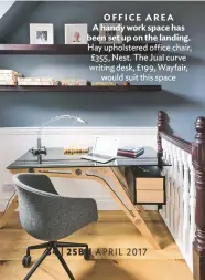  ??  ?? OFFICE AREA A handy work space has been set up on the landing. Hay upholstere­d office chair, £355, Nest. the Jual curve writing desk, £199, Wayfair, would suit this space