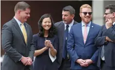  ?? ANGELA ROWLINGS / HERALD STAFF FILE ?? PLANS: Mayor Martin Walsh, left, talks with city councilors Michelle Wu, Tim McCarthy, Matt O'Malley and Mark Ciommo prior to a June 4 event in Boston.