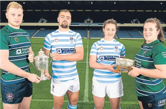  ?? Picture: SNS Group. ?? The RBS Varsity match is held this Saturday and at BT Murrayfiel­d yesterday to help promote contest were, from left, Edinburgh University mens captain Nick Stephen, St Andrews University mens captain Roland Walker, St Andrews University women’s captain...