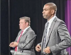  ?? James Franco / Special to the Times Union ?? U.S. Rep Antonio Delgado, D-19th District, foreground , and Republican challenger Kyle Van De Water debate Thursday at WMHT studios in Troy.