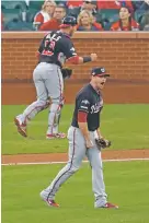  ?? CHARLIE RIEDEL/ASSOCIATED PRESS ?? The Nationals’ Daniel Hudson celebrates beating the Cardinals on Saturday in Game 2 of the NL Championsh­ip Series in St. Louis. Hudson was with his wife Friday for the birth of their third child before rejoining his team to beat the Cardinals.