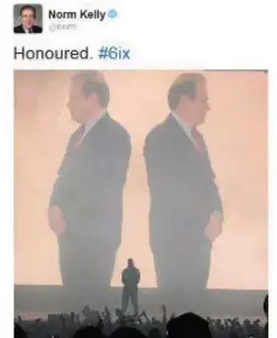  ??  ?? Norm Kelly was projected onto the stage during Drake’s performanc­e of “Back to Back” — a diss track directed at rapper Meek Mill — during OVO Fest. Kelly got actively involved in the rappers’ feud on Twitter, resulting in more followers.