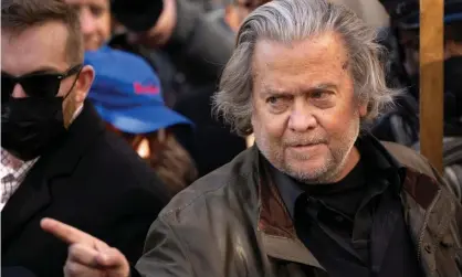  ?? Photograph: Drew Angerer/Getty Images ?? Bannon told reporters his prosecutio­n was a politicall­y motivated attack by President Biden, the attorney general, Merrick Garland, and Nancy Pelosi.