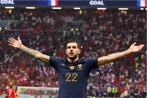  ?? ?? France’s defender Theo Hernandez celebrates scoring his team’s first goal during the Qatar 2022 World Cup semi-final football match between France and Morocco at the Al-Bayt Stadium in Al Khor, north of Doha.