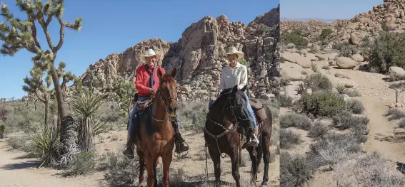  ??  ?? LEFT: The desert beauty of Joshua Tree Park awaits your discovery. Here, we ride Nate and Cowboy down the Boy Scout Trail, accessed from the park’s west entrance. MIDDLE: Charlene rides past a jumble of boulders on the Boy Scout Trail. RIGHT: Our camp...