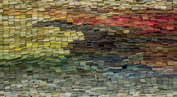 ??  ?? L’installazi­one Anouk Kruithof, «Enclosed Content Chatting Away in the Colour Invisibili­ty», 2009, opera realizzata con 3.500 libri