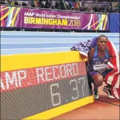  ??  ?? Christian Coleman celebrates winning the men's 60m final at the IAAF World Indoor Athletics Championsh­ips at the Arena in Birmingham.