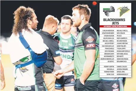  ?? INJURED: Brenden Santi ( left) nurses his shoulder at the end of last weekend’s game against the Mackay Cutters. ??