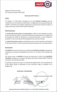  ??  ?? ► La carta enviada a Vallenar en la que se le notifica que se le cancela la licencia de clubes 2019.